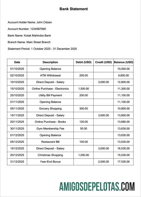 em branco Índia Kotak Mahindra Extrato bancário modelo Word e PDF